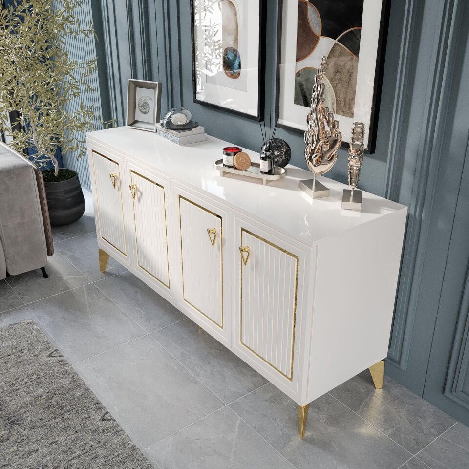 Trend Modern Konsol - 160 cm MDF Membran Kapaklı, Metal Kulplu, 2 Raflı ve 4 Bölmeli Ekru Gold