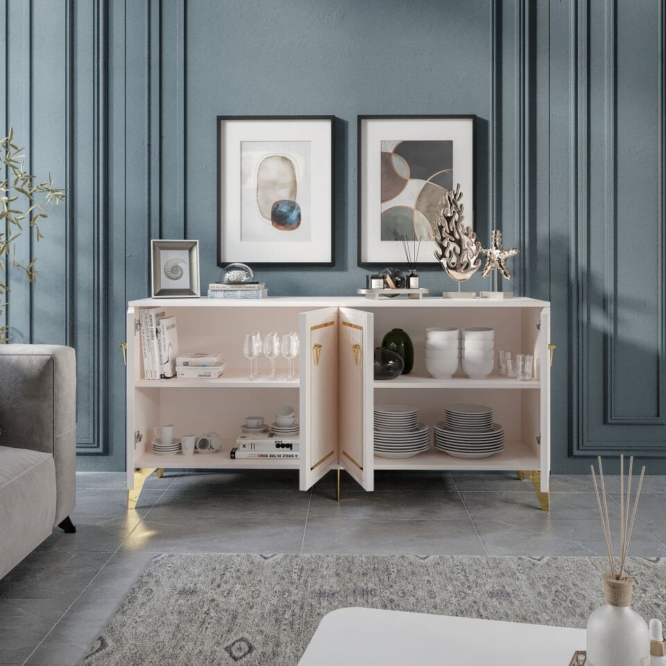 Trend Modern Konsol - 160 cm MDF Membran Kapaklı, Metal Kulplu, 2 Raflı ve 4 Bölmeli Ekru Gold