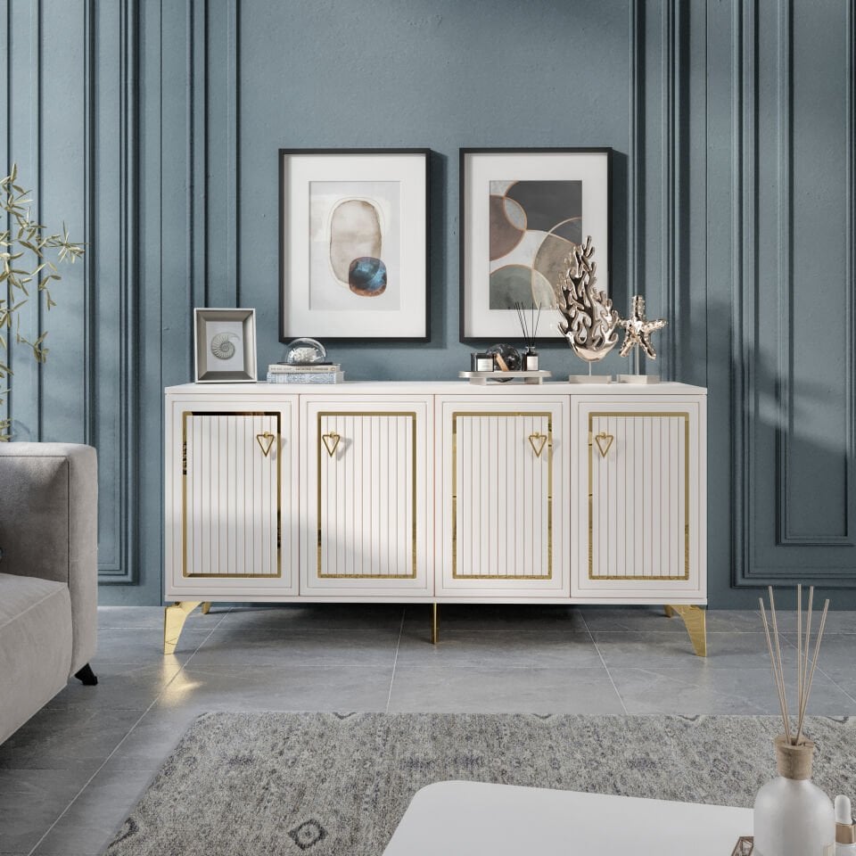 Trend Modern Konsol - 160 cm MDF Membran Kapaklı, Metal Kulplu, 2 Raflı ve 4 Bölmeli Ekru Gold