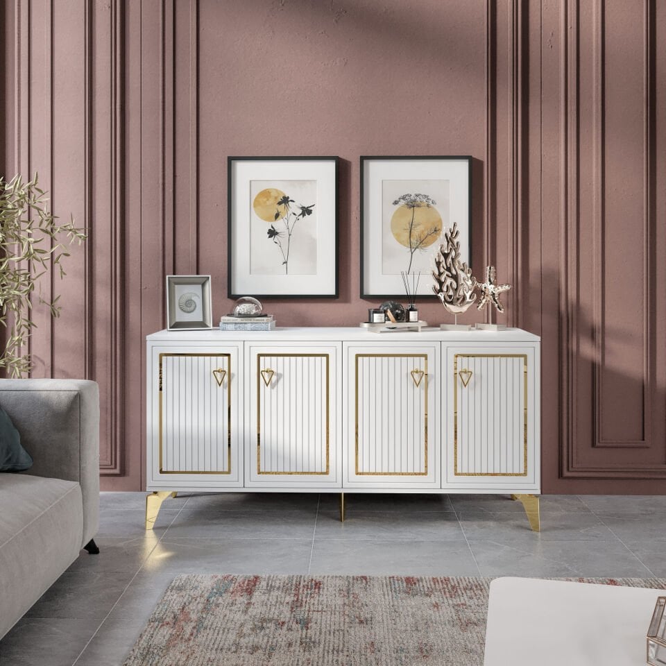 Trend Modern Konsol - 160 cm MDF Membran Kapaklı, Metal Kulplu, 2 Raflı ve 4 Bölmeli Beyaz Gold