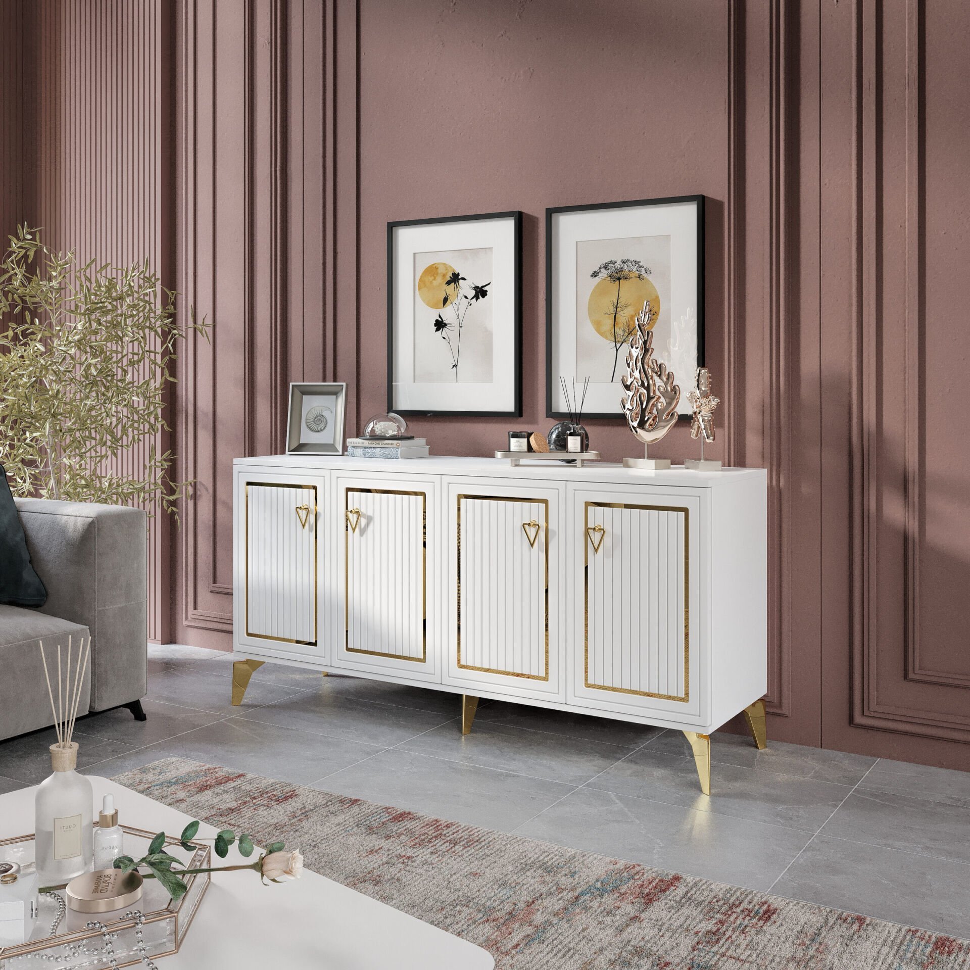 Trend Modern Konsol - 160 cm MDF Membran Kapaklı, Metal Kulplu, 2 Raflı ve 4 Bölmeli Beyaz Gold