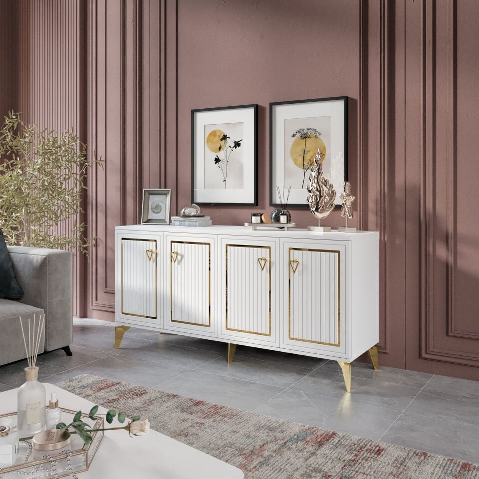 Trend Modern Konsol - 160 cm MDF Membran Kapaklı, Metal Kulplu, 2 Raflı ve 4 Bölmeli Beyaz Gold