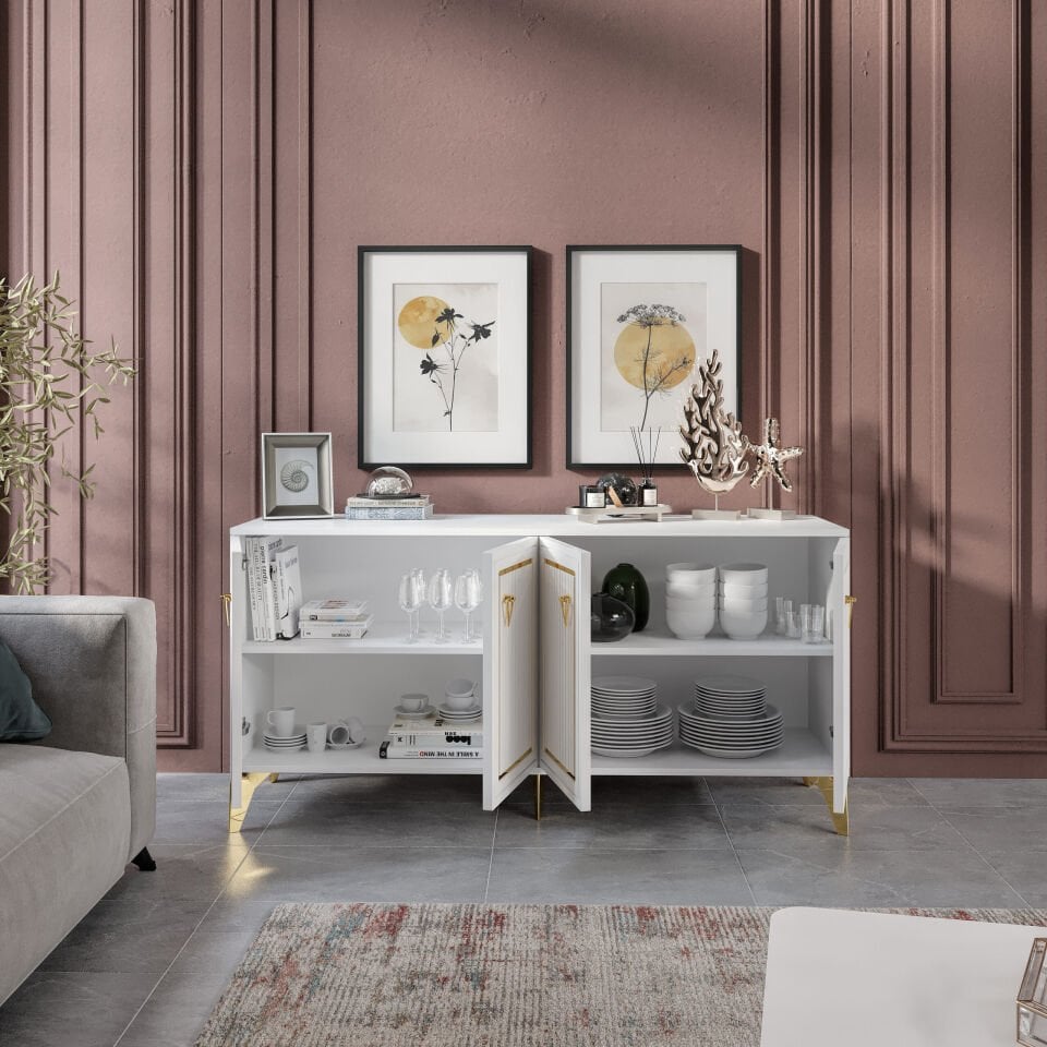 Trend Modern Konsol - 160 cm MDF Membran Kapaklı, Metal Kulplu, 2 Raflı ve 4 Bölmeli Beyaz Gold