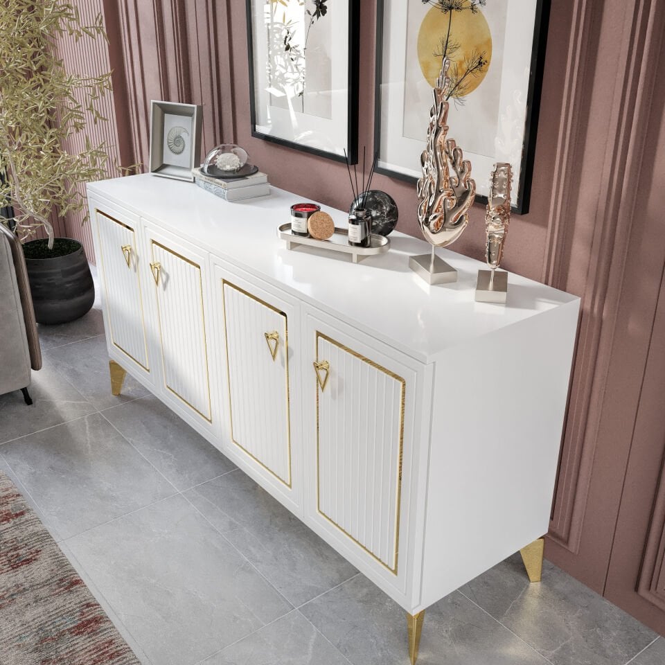 Trend Modern Konsol - 160 cm MDF Membran Kapaklı, Metal Kulplu, 2 Raflı ve 4 Bölmeli Beyaz Gold