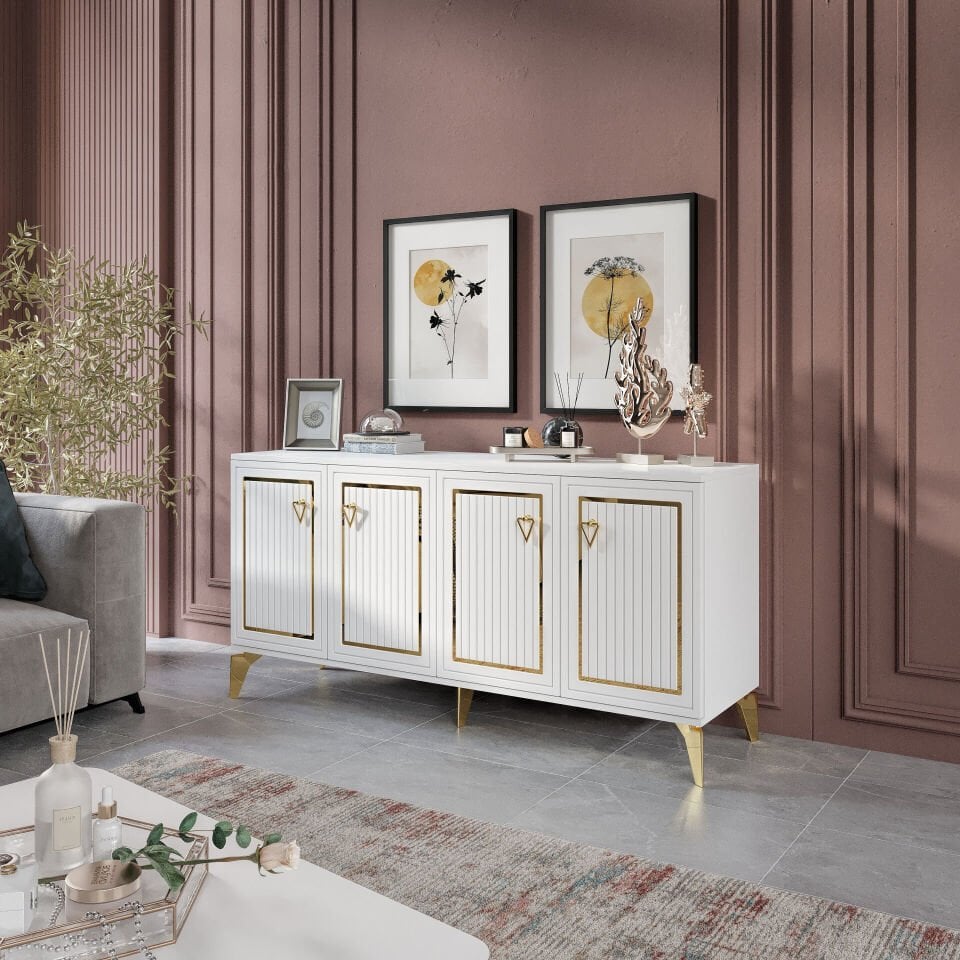 Trend konsol beyaz gold 2 raflı 4 bölmeli geniş depolama alanı