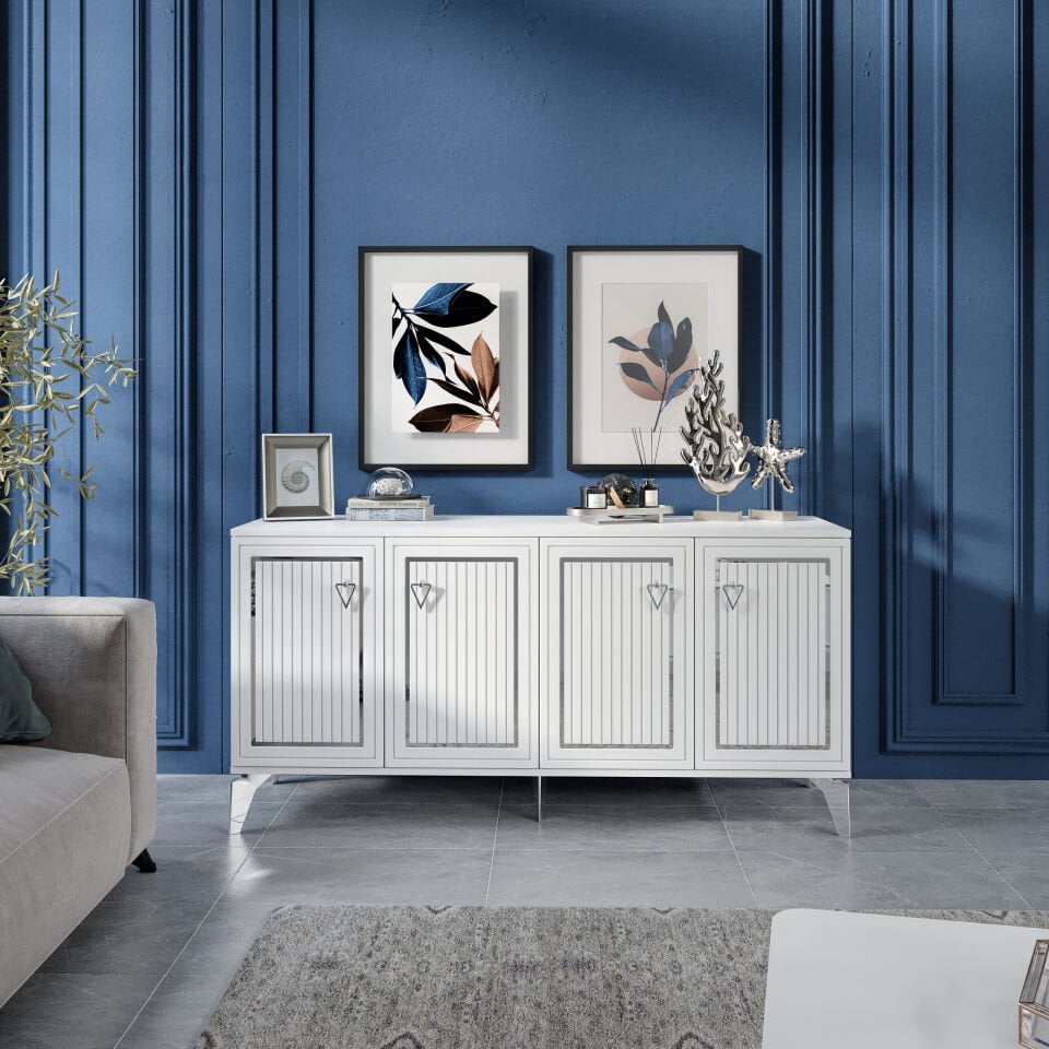 Trend Modern Konsol - 160 cm MDF Membran Kapaklı, Metal Kulplu, 2 Raflı ve 4 Bölmeli Beyaz Gümüş