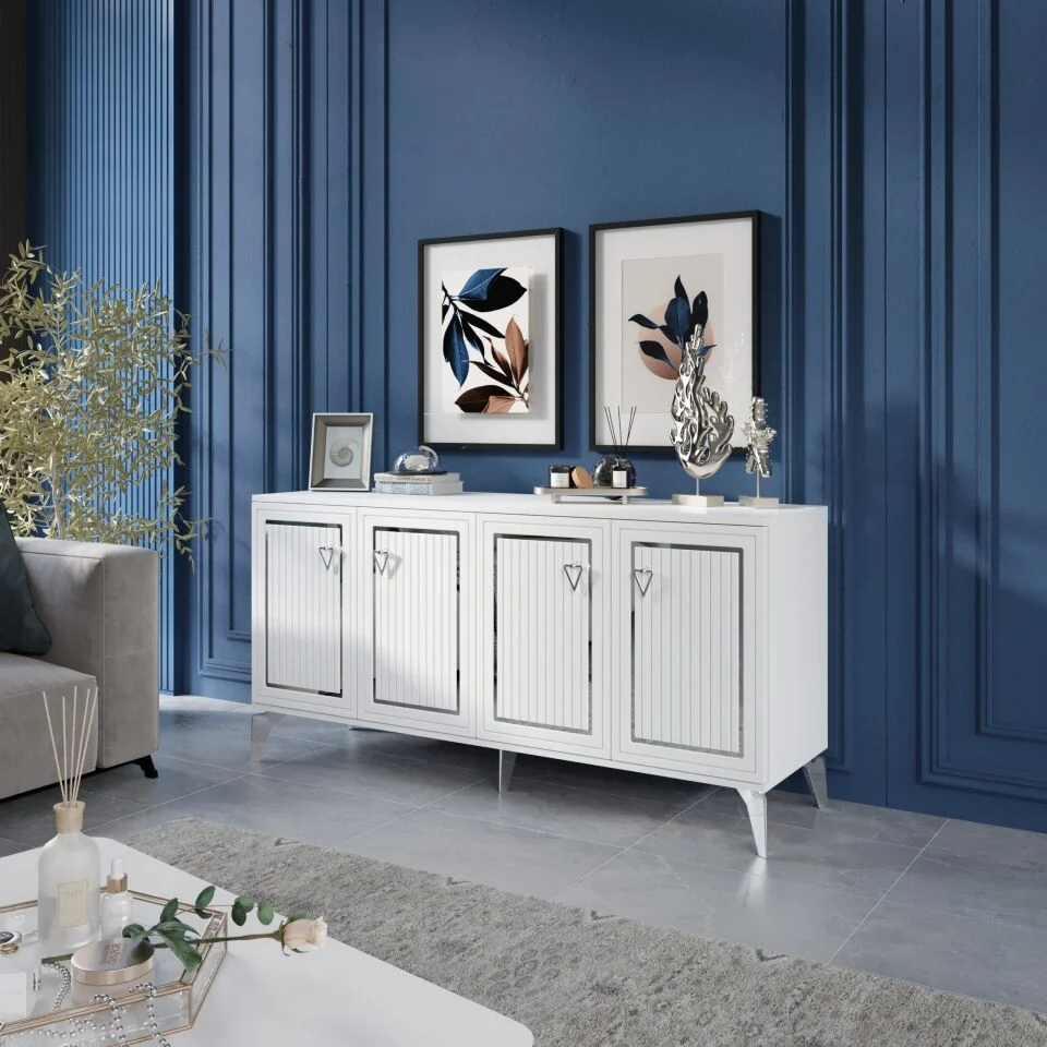 Trend Modern Konsol - 160 cm MDF Membran Kapaklı, Metal Kulplu, 2 Raflı ve 4 Bölmeli Beyaz Gümüş