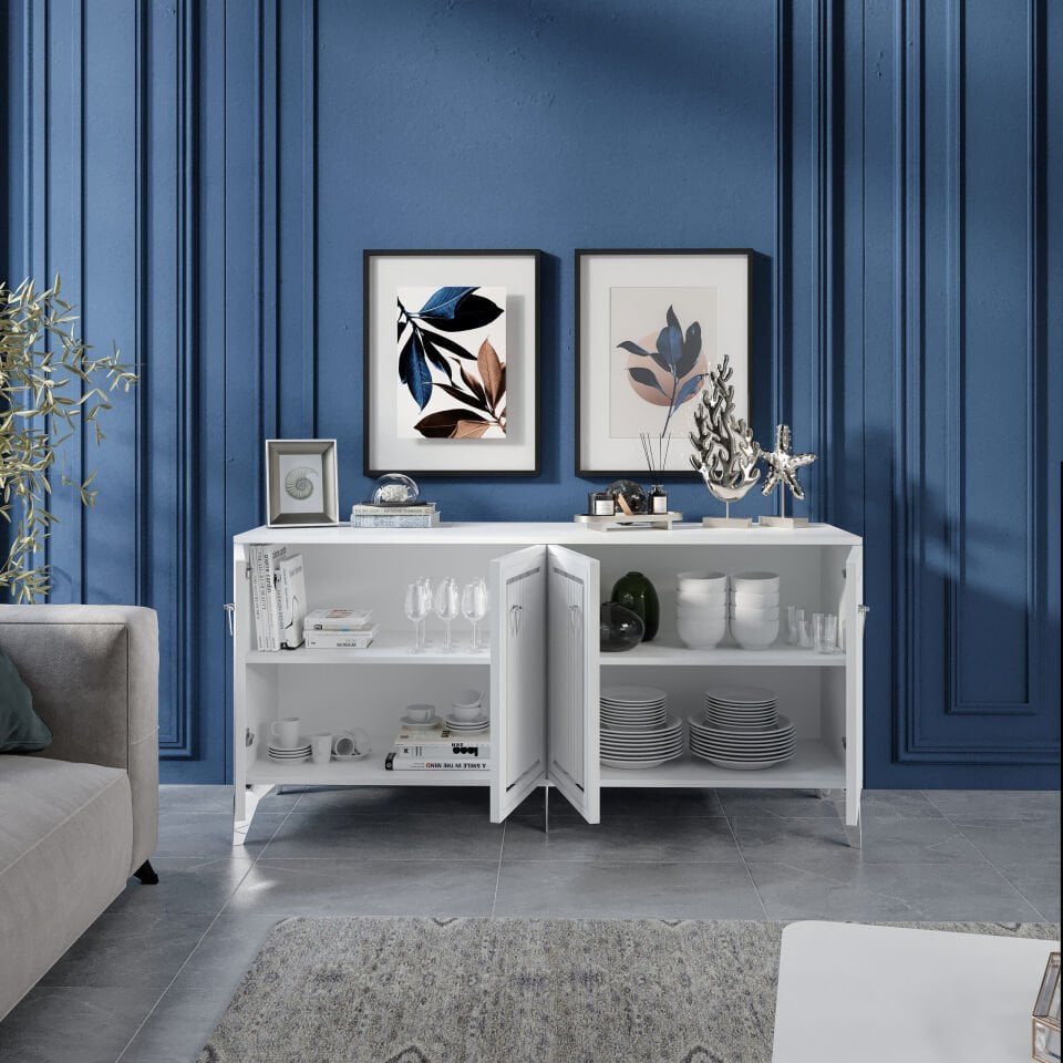 Trend Modern Konsol - 160 cm MDF Membran Kapaklı, Metal Kulplu, 2 Raflı ve 4 Bölmeli Beyaz Gümüş