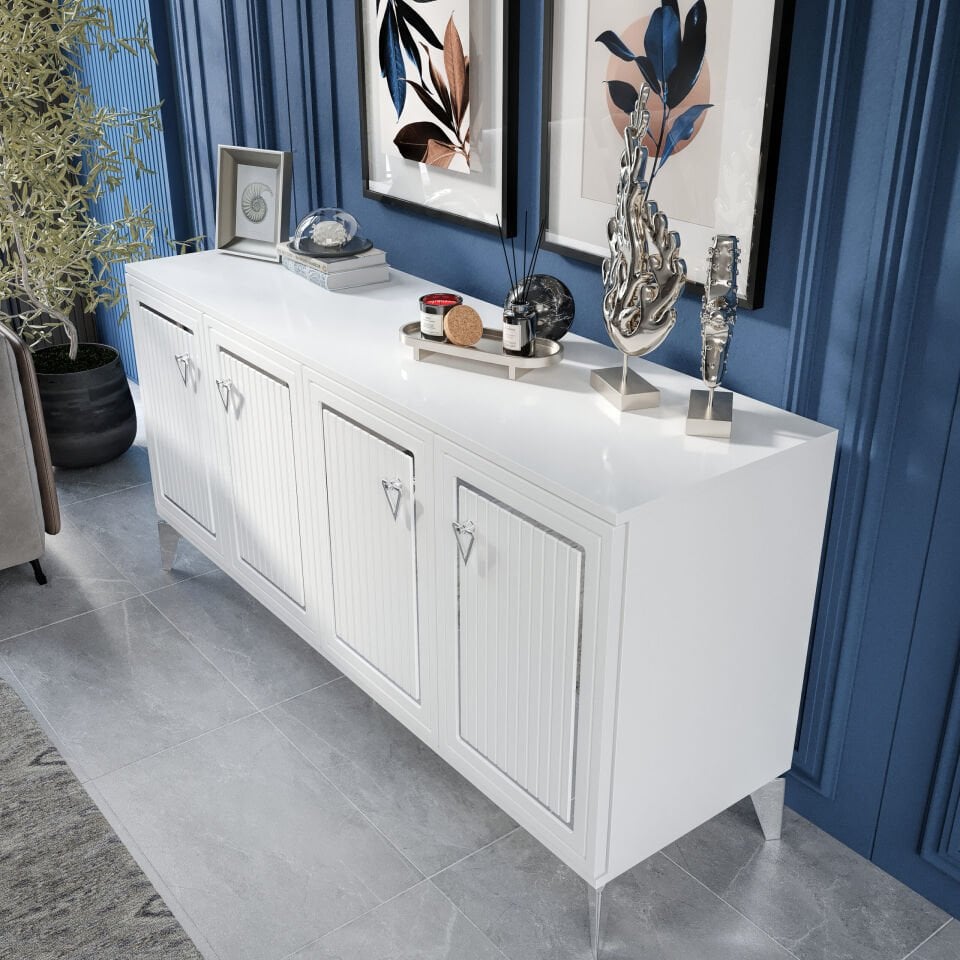 Trend Modern Konsol - 160 cm MDF Membran Kapaklı, Metal Kulplu, 2 Raflı ve 4 Bölmeli Beyaz Gümüş