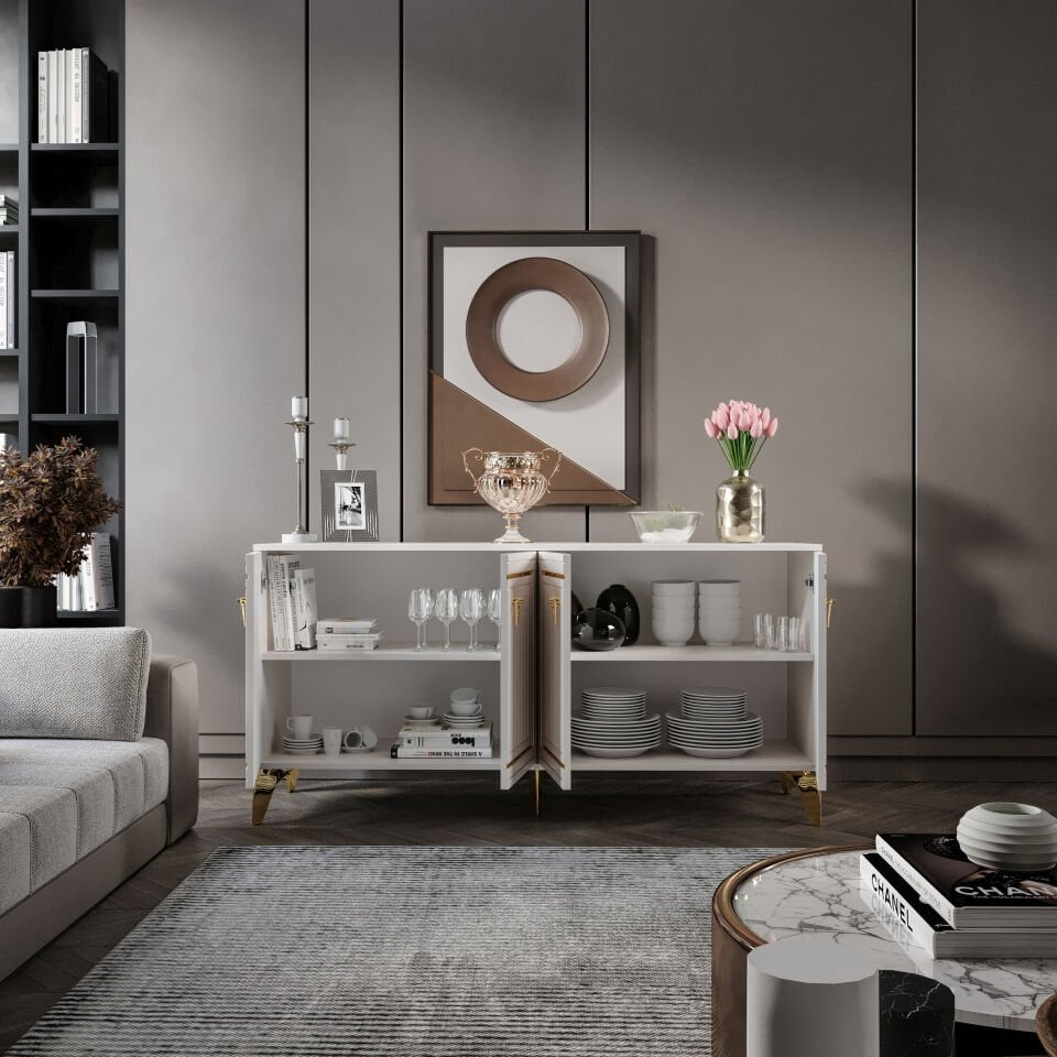 Klas Modern Konsol - 160 cm MDF Membran Kapaklı, Metal Kulplu, 2 Raflı ve 4 Bölmeli Ekru