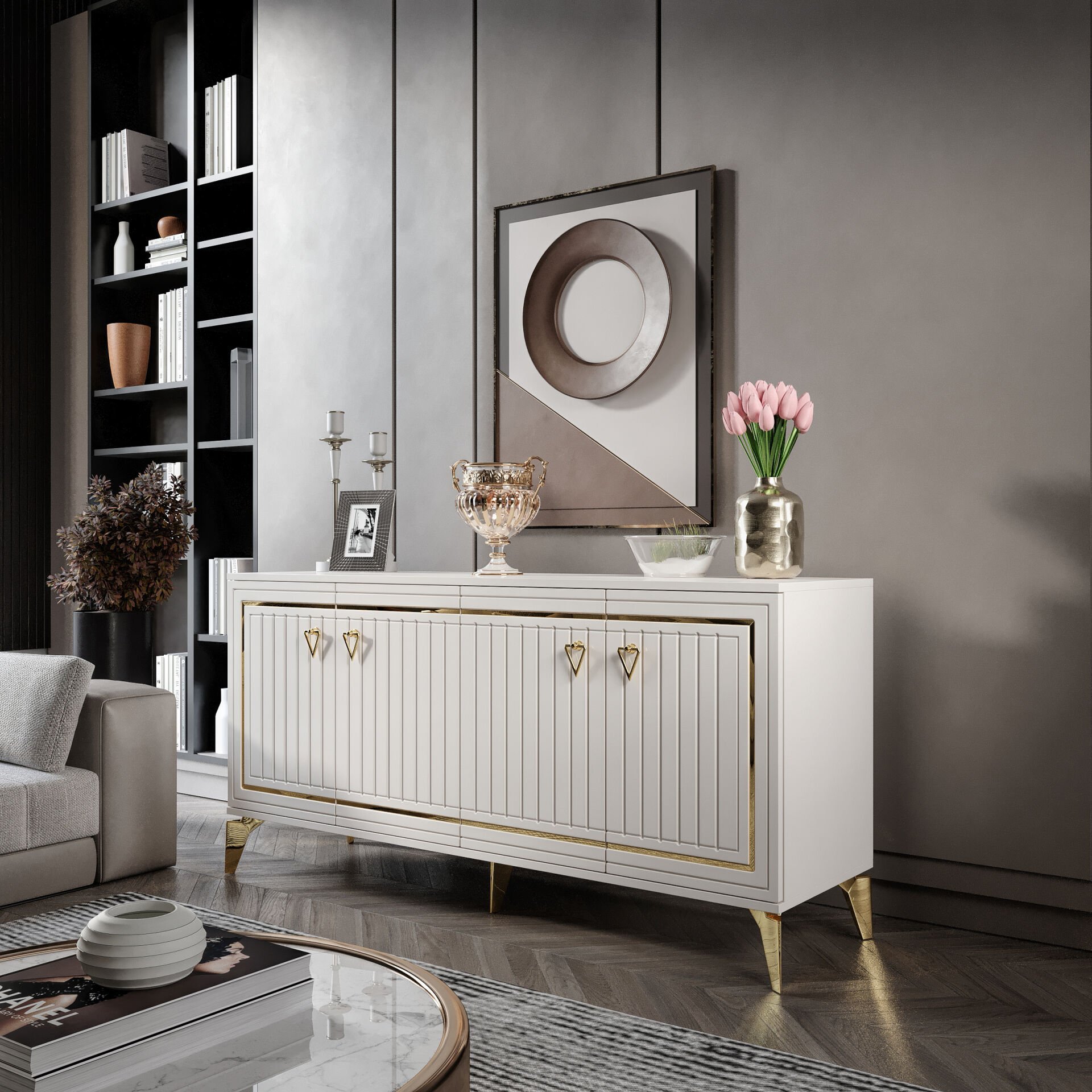 Klas Modern Konsol - 160 cm MDF Membran Kapaklı, Metal Kulplu, 2 Raflı ve 4 Bölmeli Ekru