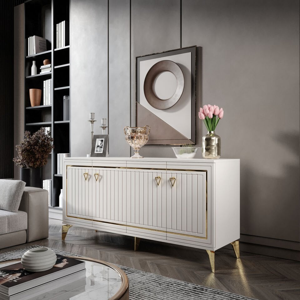 Klas Modern Konsol - 160 cm MDF Membran Kapaklı, Metal Kulplu, 2 Raflı ve 4 Bölmeli Ekru