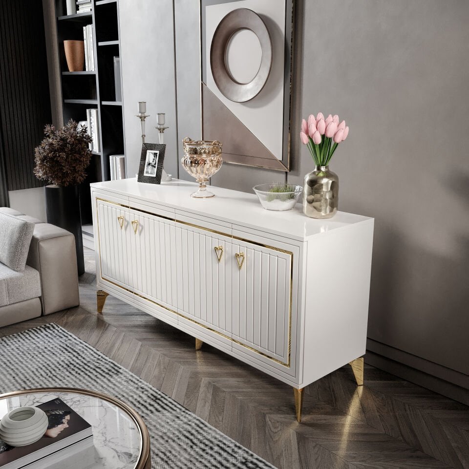 Klas Modern Konsol - 160 cm MDF Membran Kapaklı, Metal Kulplu, 2 Raflı ve 4 Bölmeli Ekru