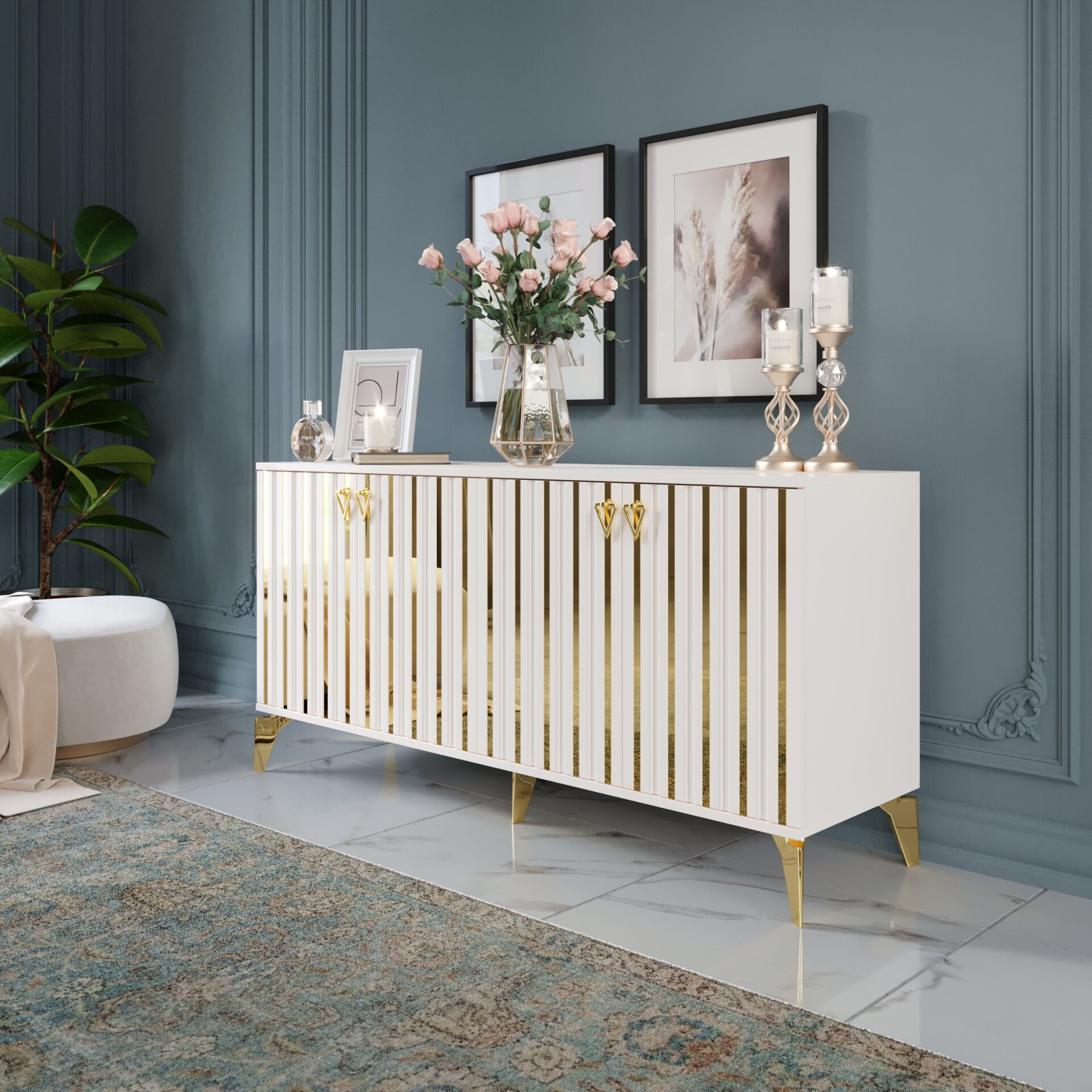 Dubai Modern Konsol - 160 cm MDF Membran Kapaklı, Metal Kulplu, 2 Raflı ve 4 Bölmeli Ekru Gold