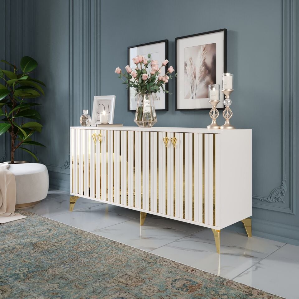 Dubai Modern Konsol - 160 cm MDF Membran Kapaklı, Metal Kulplu, 2 Raflı ve 4 Bölmeli Ekru Gold