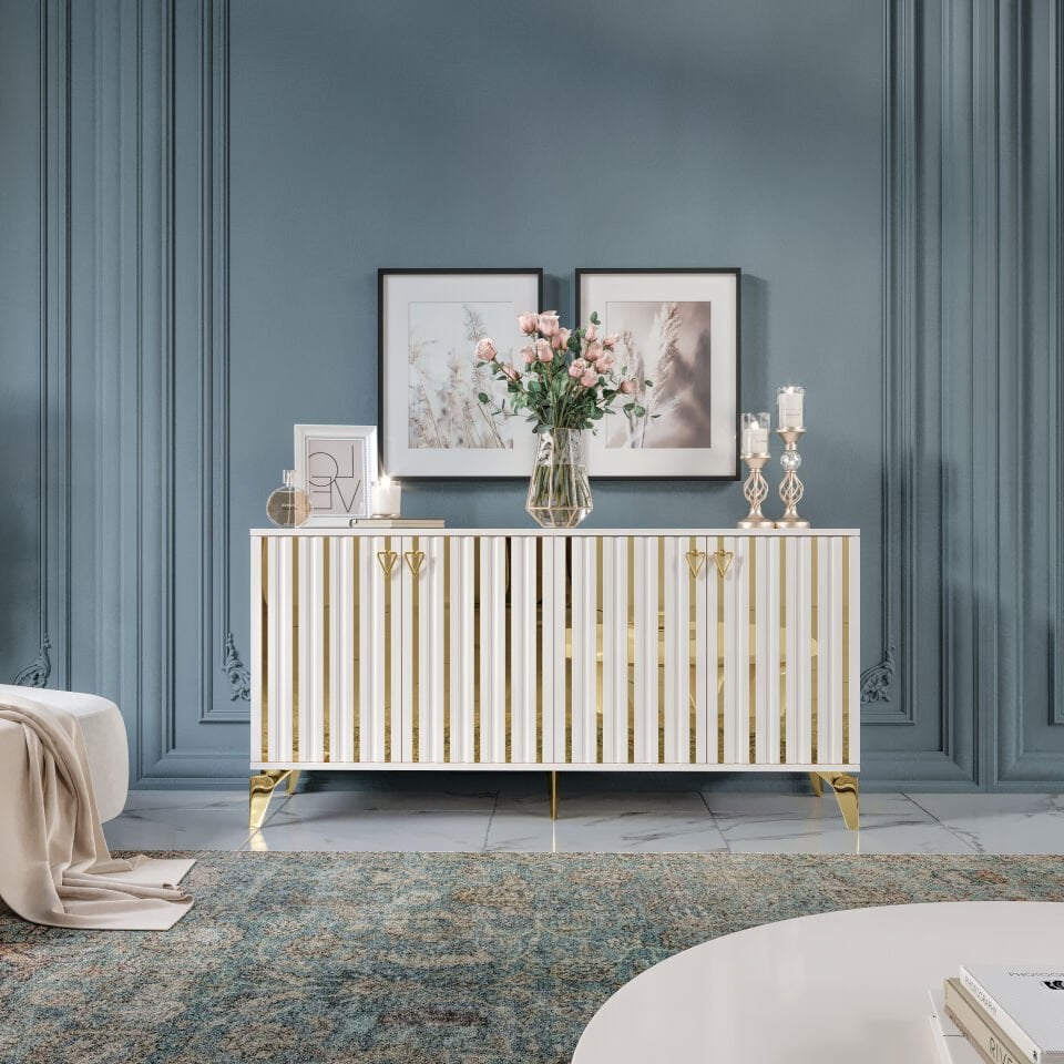 Dubai Modern Konsol - 160 cm MDF Membran Kapaklı, Metal Kulplu, 2 Raflı ve 4 Bölmeli Ekru Gold