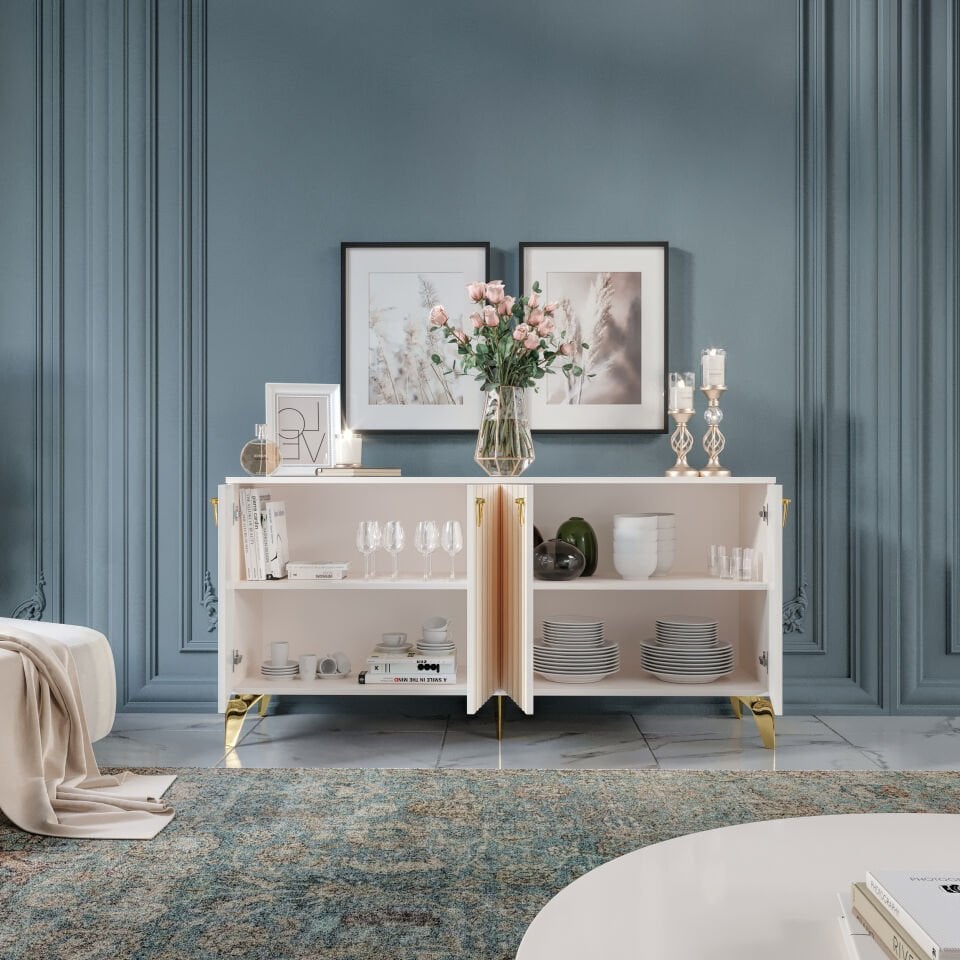 Dubai Modern Konsol - 160 cm MDF Membran Kapaklı, Metal Kulplu, 2 Raflı ve 4 Bölmeli Ekru Gold