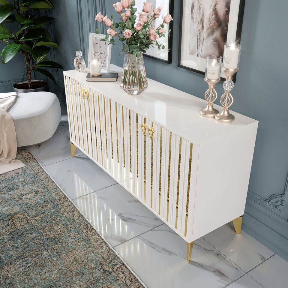 Dubai Modern Konsol - 160 cm MDF Membran Kapaklı, Metal Kulplu, 2 Raflı ve 4 Bölmeli Ekru Gold