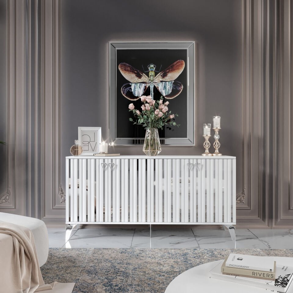 Dubai Modern Konsol - 160 cm MDF Membran Kapaklı, Metal Kulplu, 2 Raflı ve 4 Bölmeli Beyaz Gümüş