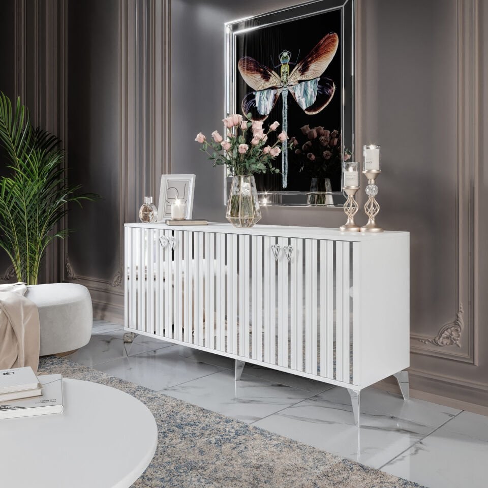 Dubai Modern Konsol - 160 cm MDF Membran Kapaklı, Metal Kulplu, 2 Raflı ve 4 Bölmeli Beyaz Gümüş