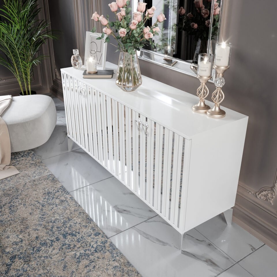 Dubai Modern Konsol - 160 cm MDF Membran Kapaklı, Metal Kulplu, 2 Raflı ve 4 Bölmeli Beyaz Gümüş