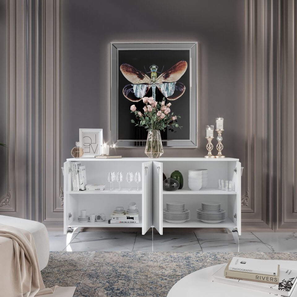 Dubai Modern Konsol - 160 cm MDF Membran Kapaklı, Metal Kulplu, 2 Raflı ve 4 Bölmeli Beyaz Gümüş