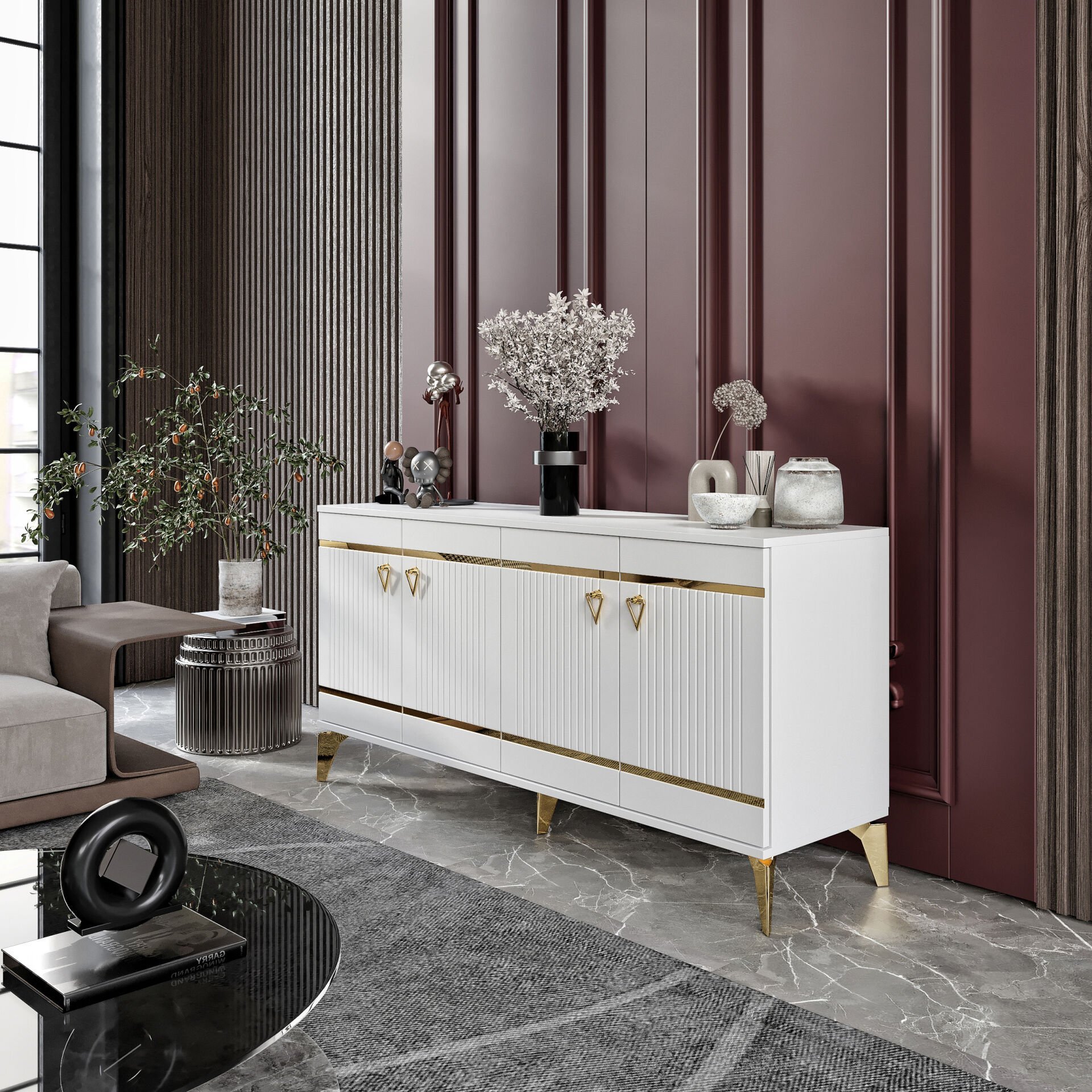 Kordon Modern Konsol - 160 cm MDF Membran Kapaklı, Metal Kulplu, 2 Raflı ve 4 Bölmeli Beyaz Gold