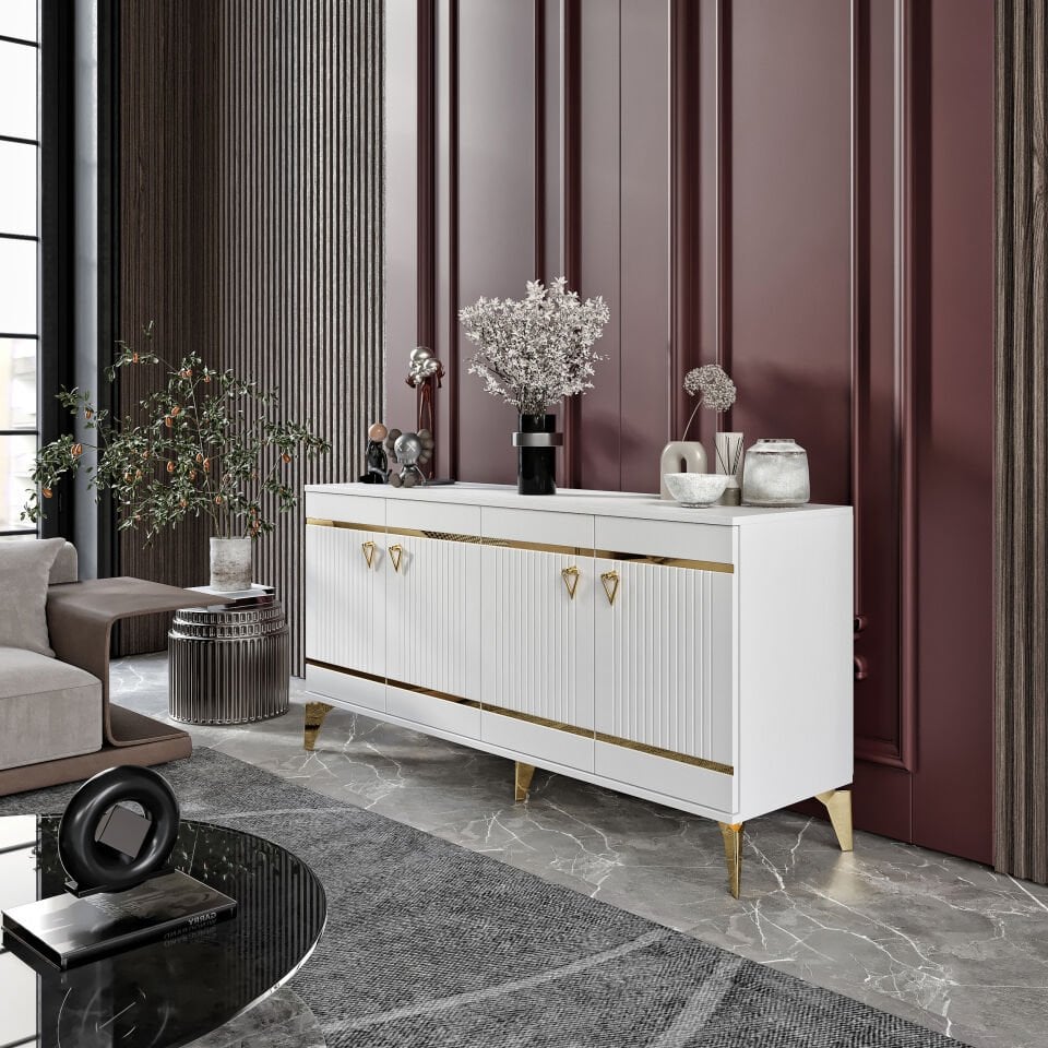 Kordon Modern Konsol - 160 cm MDF Membran Kapaklı, Metal Kulplu, 2 Raflı ve 4 Bölmeli Beyaz Gold