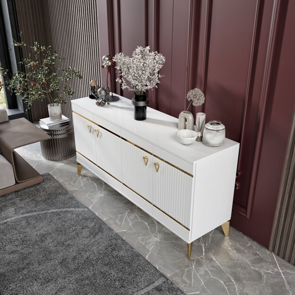 Kordon Modern Konsol - 160 cm MDF Membran Kapaklı, Metal Kulplu, 2 Raflı ve 4 Bölmeli Beyaz Gold