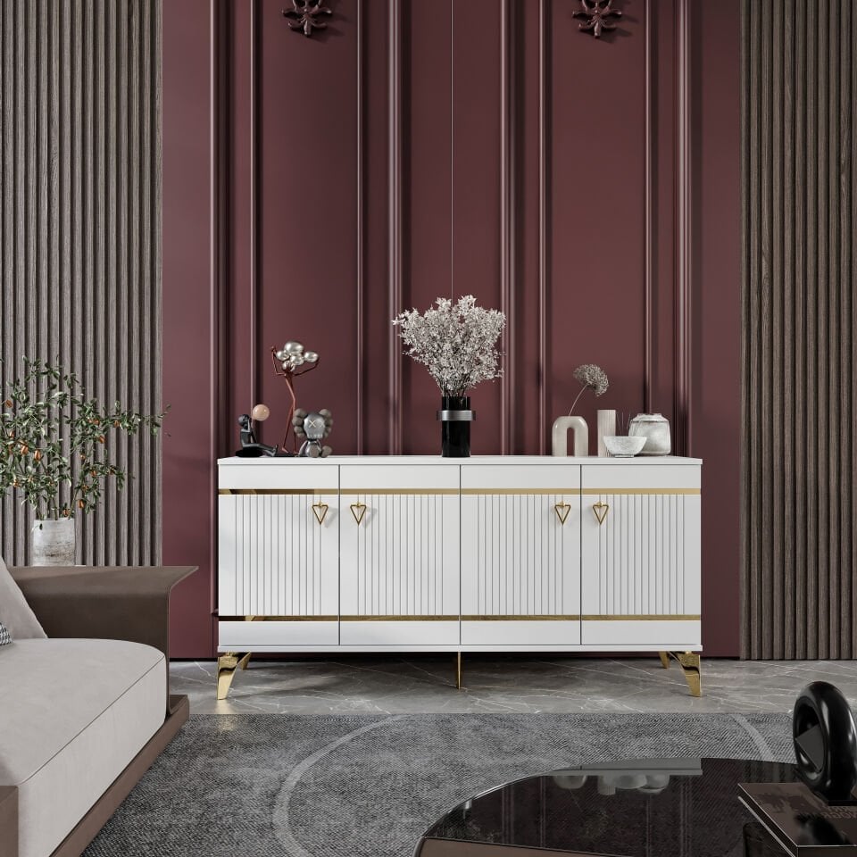 Kordon Modern Konsol - 160 cm MDF Membran Kapaklı, Metal Kulplu, 2 Raflı ve 4 Bölmeli Beyaz Gold