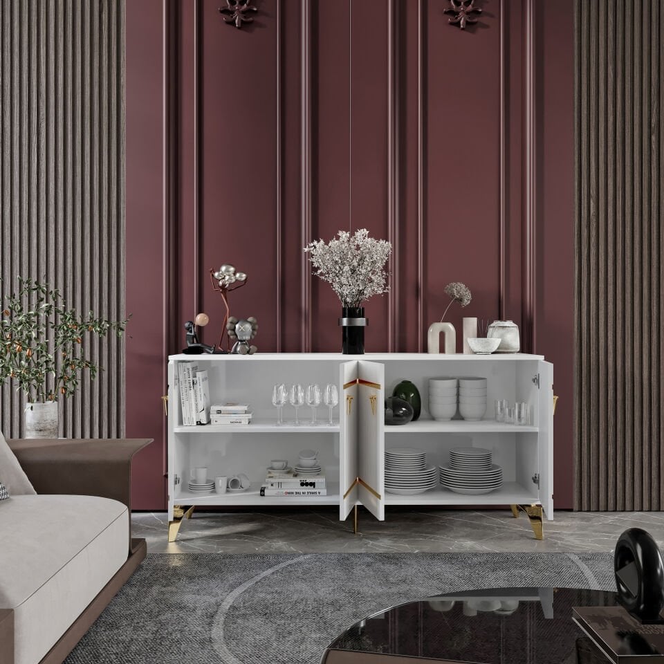 Kordon Modern Konsol - 160 cm MDF Membran Kapaklı, Metal Kulplu, 2 Raflı ve 4 Bölmeli Beyaz Gold