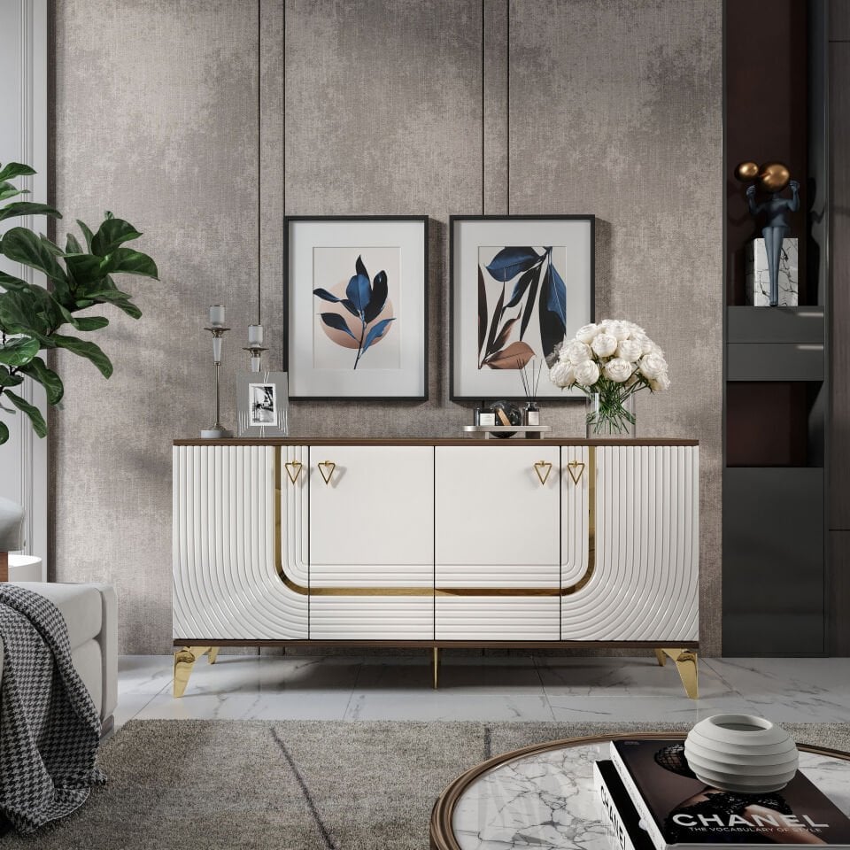 ART Konsol - 160 cm MDF Membran Kapaklı, Metal Kulplu, 2 Raflı ve 4 Bölmeli Ekru Ceviz