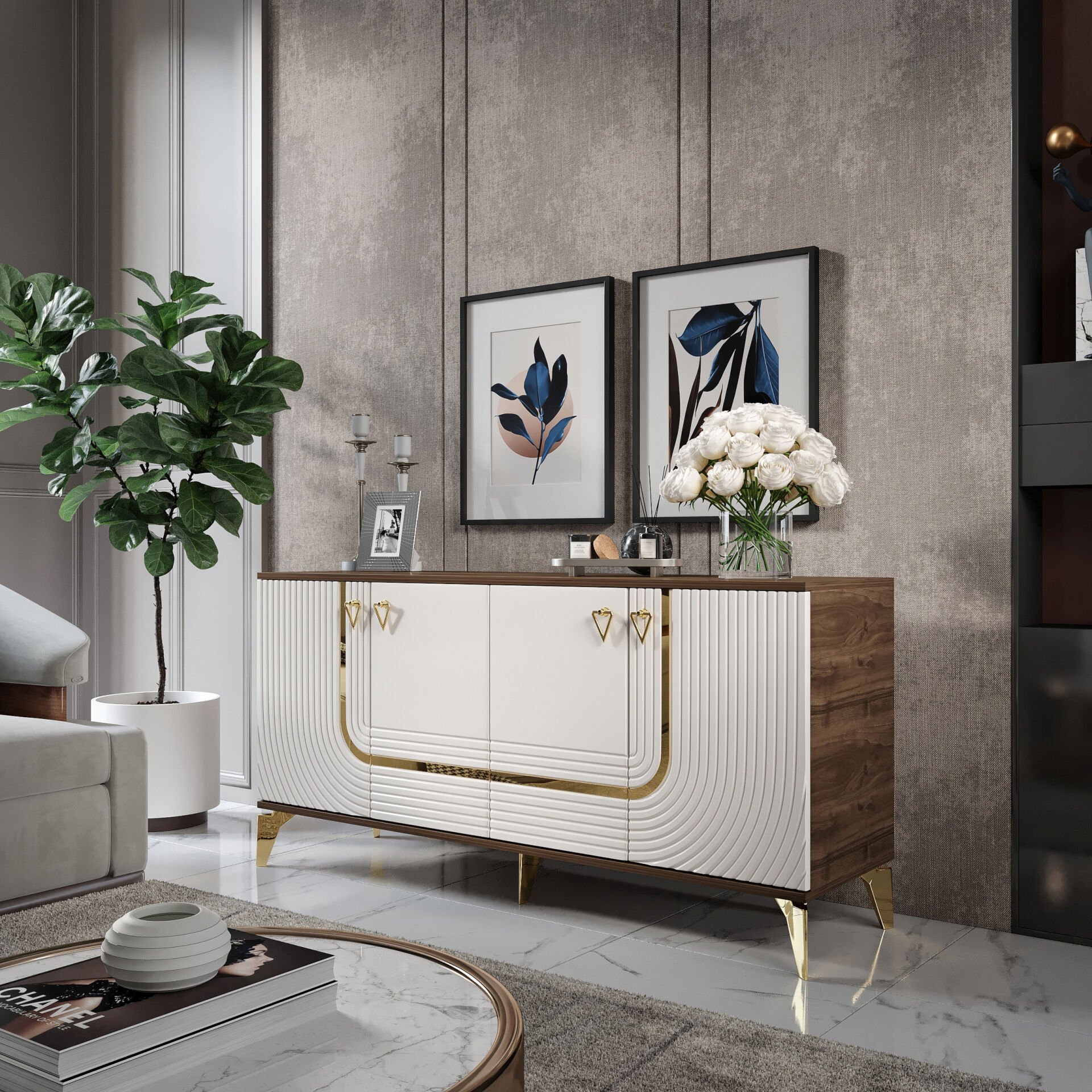 ART Konsol - 160 cm MDF Membran Kapaklı, Metal Kulplu, 2 Raflı ve 4 Bölmeli Ekru Ceviz