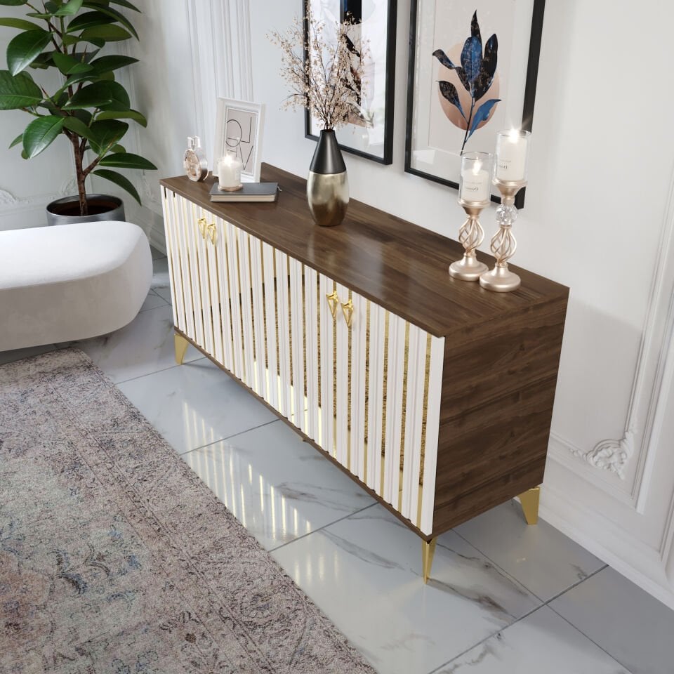 Dubai Modern Konsol - 160 cm MDF Membran Kapaklı, Metal Kulplu, 2 Raflı ve 4 Bölmeli Ekru Ceviz