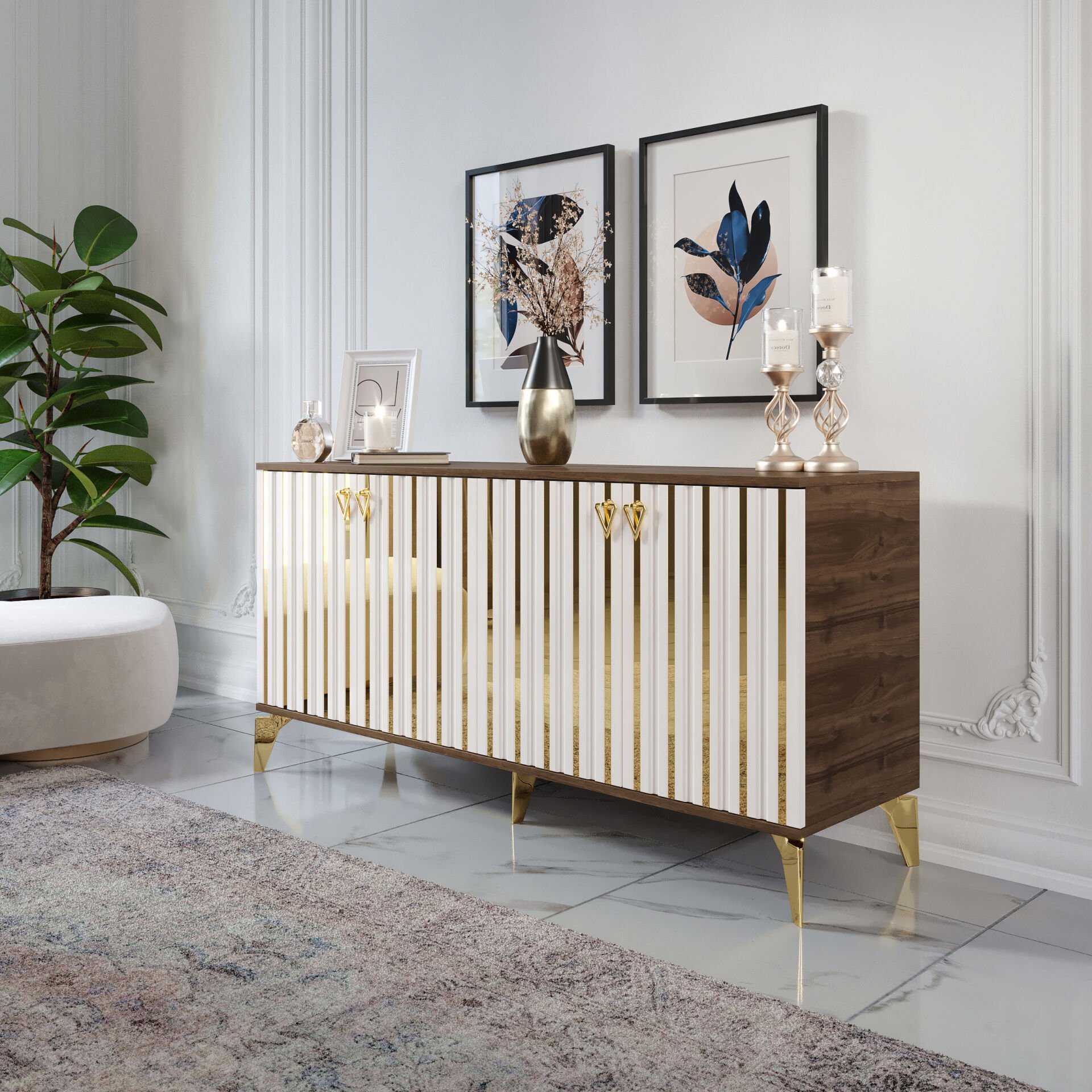 Dubai Modern Konsol - 160 cm MDF Membran Kapaklı, Metal Kulplu, 2 Raflı ve 4 Bölmeli Ekru Ceviz