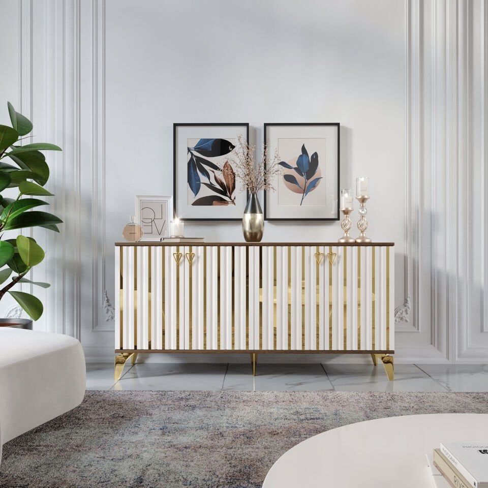 Dubai Modern Konsol - 160 cm MDF Membran Kapaklı, Metal Kulplu, 2 Raflı ve 4 Bölmeli Ekru Ceviz