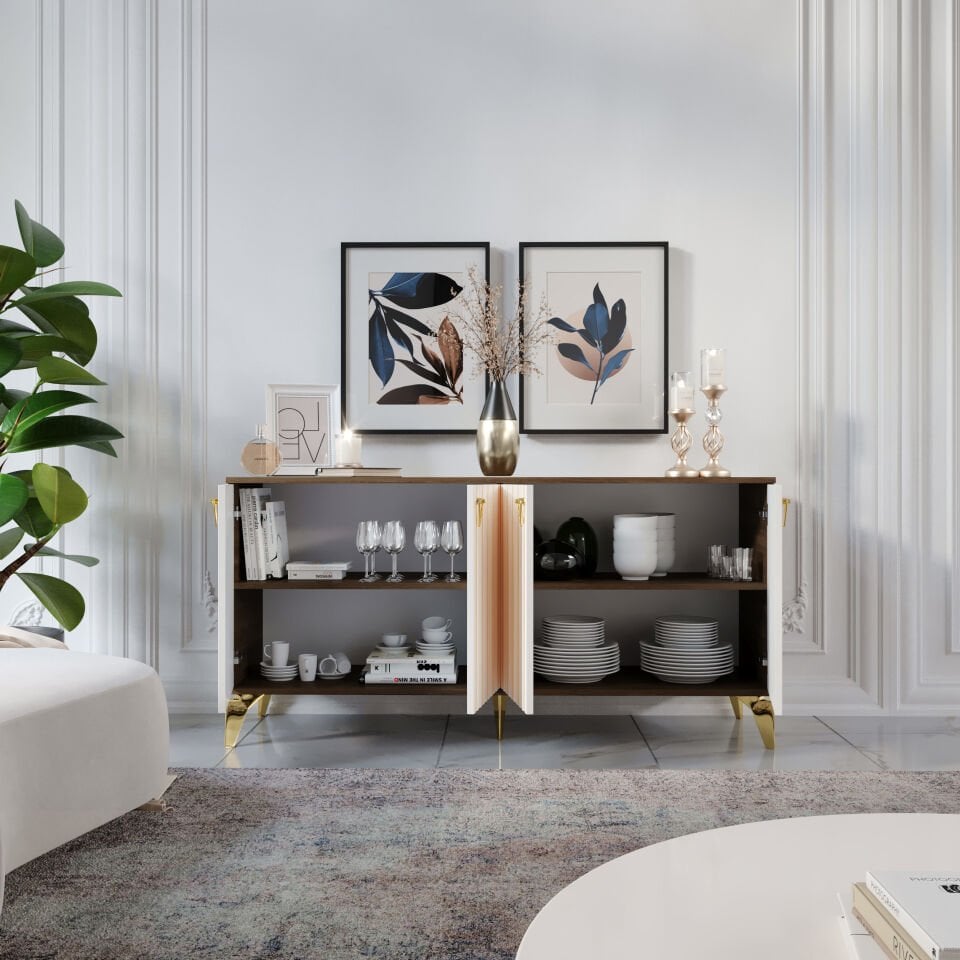 Dubai Modern Konsol - 160 cm MDF Membran Kapaklı, Metal Kulplu, 2 Raflı ve 4 Bölmeli Ekru Ceviz