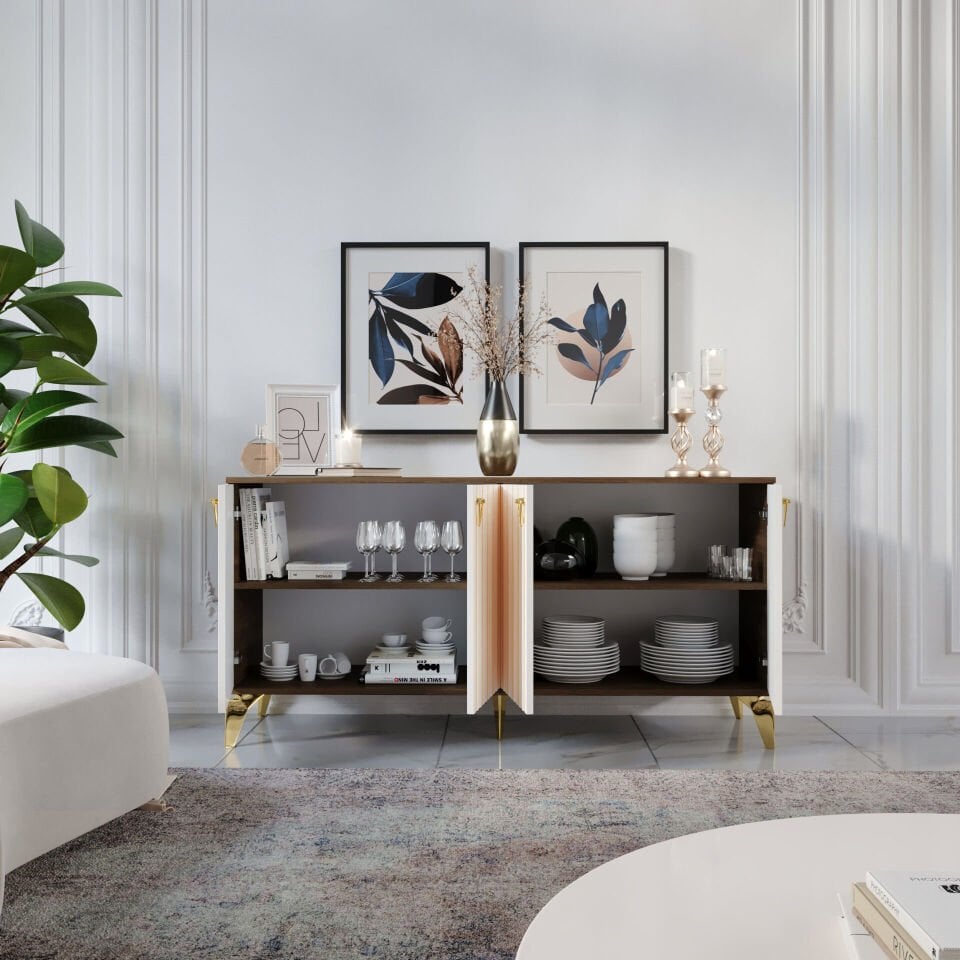 MDF membran kapaklı ve metal kulplu Dubai konsol ekru ceviz