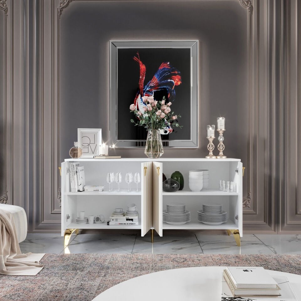 MDF membran kapaklı ve metal kulplu Dubai konsol beyaz gold