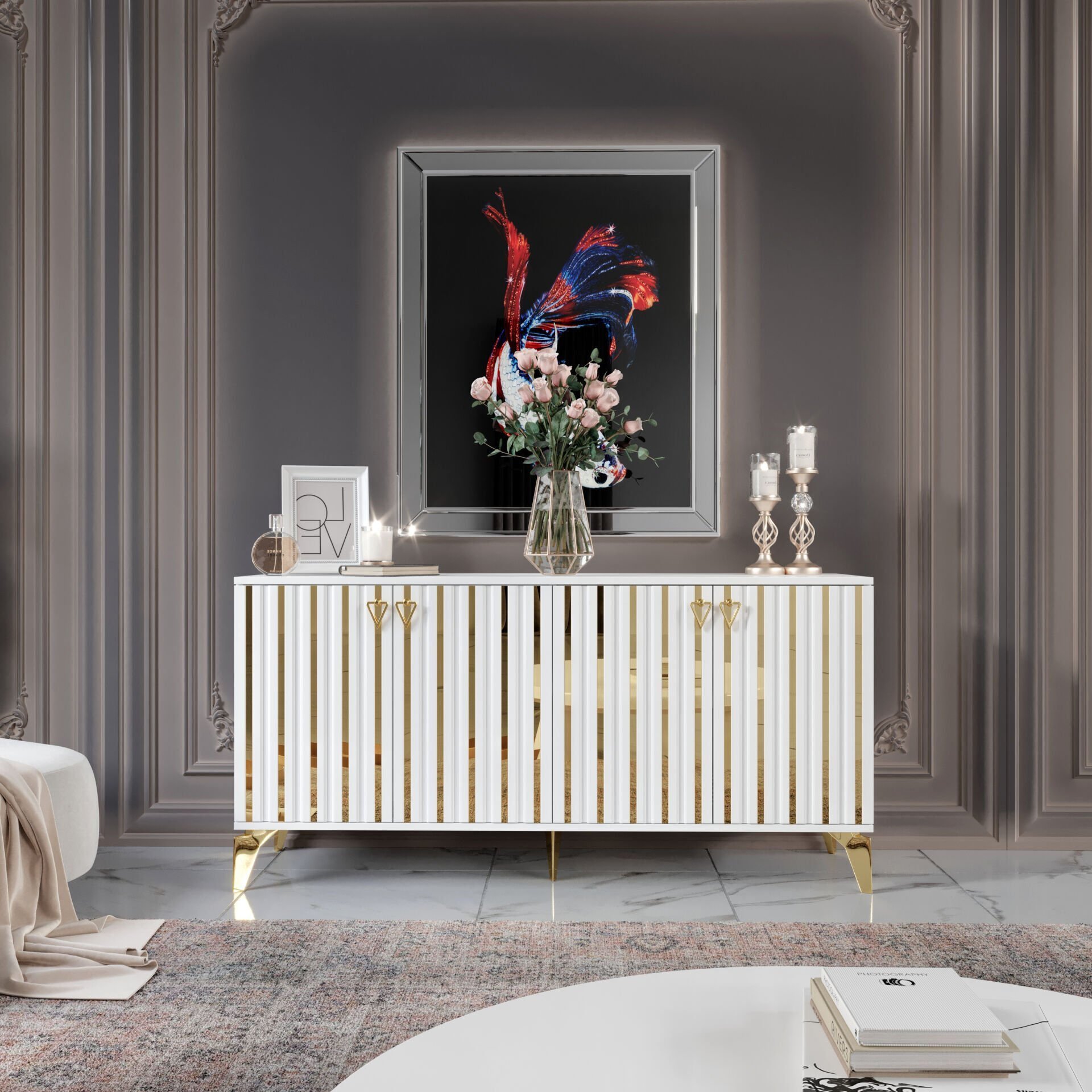 Dubai modern konsol 160 cm beyaz gold modern tasarım