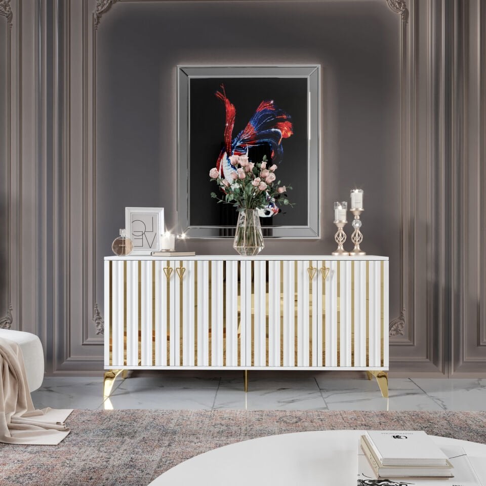 Dubai Modern Konsol - 160 cm MDF Membran Kapaklı, Metal Kulplu, 2 Raflı ve 4 Bölmeli Beyaz Gold