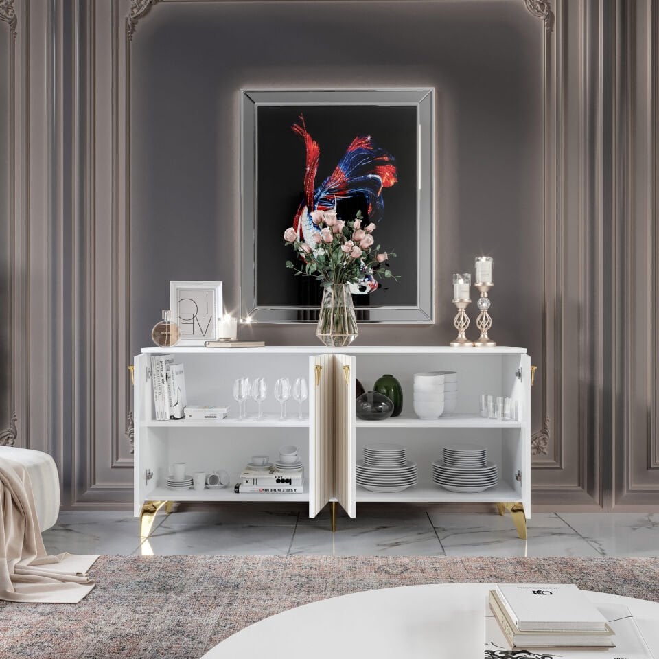 Dubai Modern Konsol - 160 cm MDF Membran Kapaklı, Metal Kulplu, 2 Raflı ve 4 Bölmeli Beyaz Gold