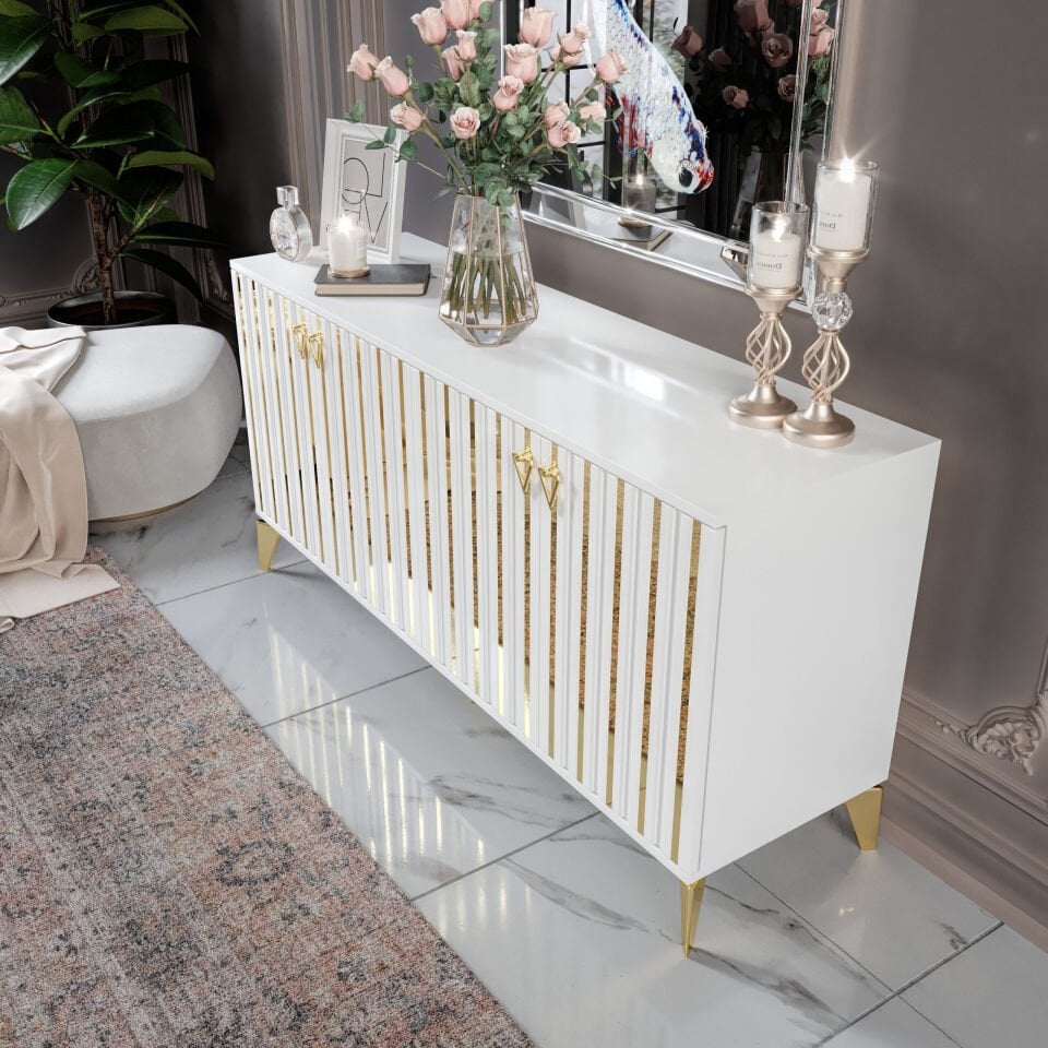 Dubai Modern Konsol - 160 cm MDF Membran Kapaklı, Metal Kulplu, 2 Raflı ve 4 Bölmeli Beyaz Gold