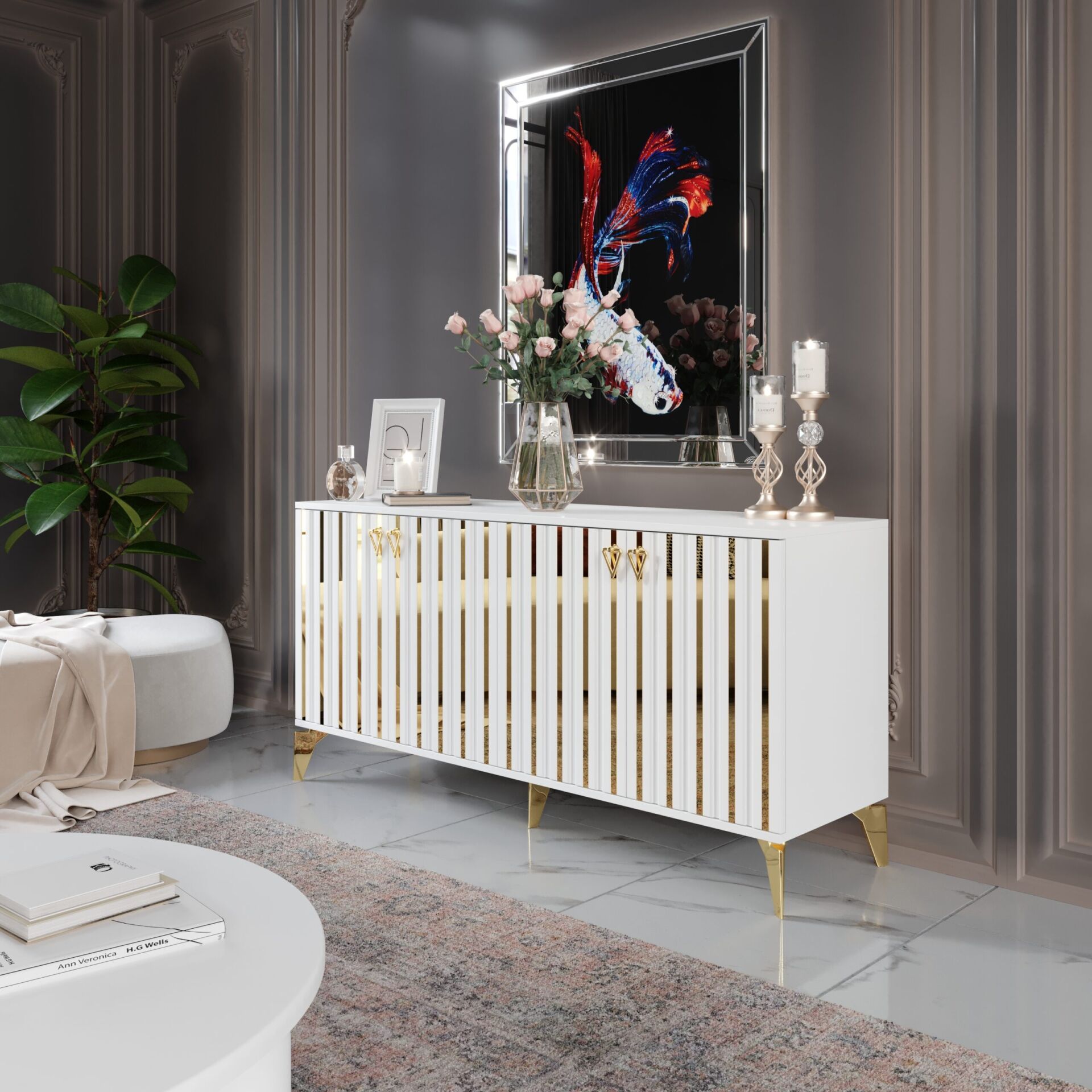 Dubai Modern Konsol - 160 cm MDF Membran Kapaklı, Metal Kulplu, 2 Raflı ve 4 Bölmeli Beyaz Gold