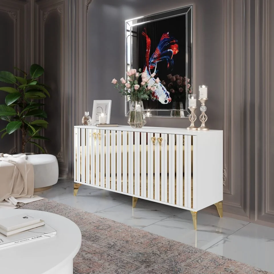 Dubai Modern Konsol - 160 cm MDF Membran Kapaklı, Metal Kulplu, 2 Raflı ve 4 Bölmeli Beyaz Gold