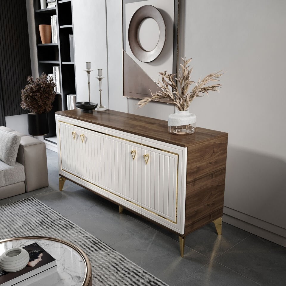 Klas Modern Konsol - 160 cm MDF Membran Kapaklı, Metal Kulplu, 2 Raflı ve 4 Bölmeli Ekru Ceviz