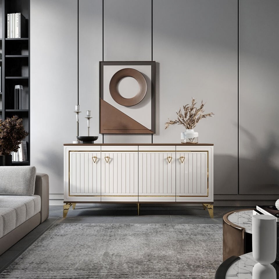 Klas Modern Konsol - 160 cm MDF Membran Kapaklı, Metal Kulplu, 2 Raflı ve 4 Bölmeli Ekru Ceviz