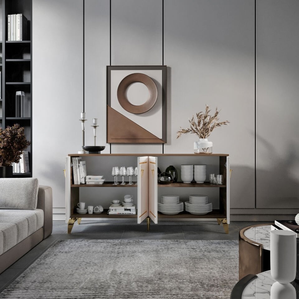 Klas Modern Konsol - 160 cm MDF Membran Kapaklı, Metal Kulplu, 2 Raflı ve 4 Bölmeli Ekru Ceviz