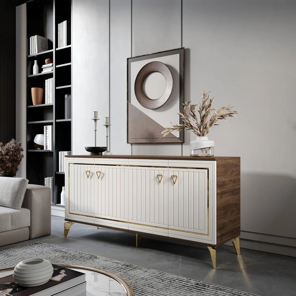 Klas Modern Konsol - 160 cm MDF Membran Kapaklı, Metal Kulplu, 2 Raflı ve 4 Bölmeli Ekru Ceviz