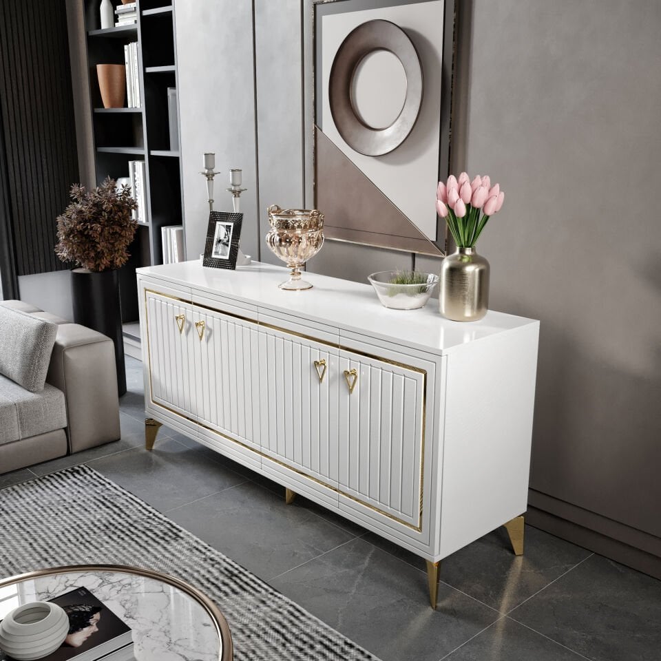 Klas Modern Konsol - 160 cm MDF Membran Kapaklı, Metal Kulplu, 2 Raflı ve 4 Bölmeli Beyaz Gold